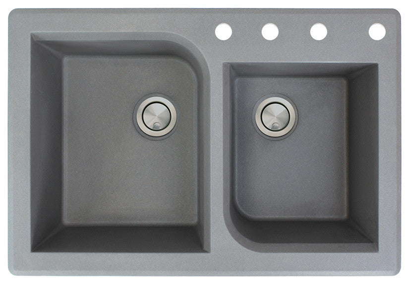 Radius 33" silQ Granite Drop-in Double Bowl Kitchen Sink with 4 Holes in Grey