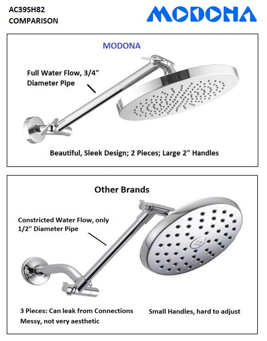 MODONA's 10" Rain Shower Head With 17" ADJUSTABLE Shower Arm, Polished Chrome