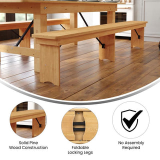 HERCULES Series 8' x 12'' Solid Pine Folding Farm Bench With 3 Legs, Light Natural