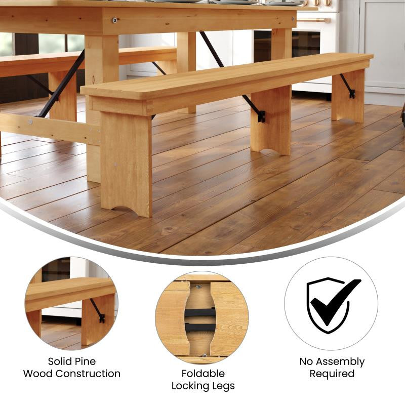 HERCULES Series 8' x 12'' Solid Pine Folding Farm Bench With 3 Legs, Light Natural