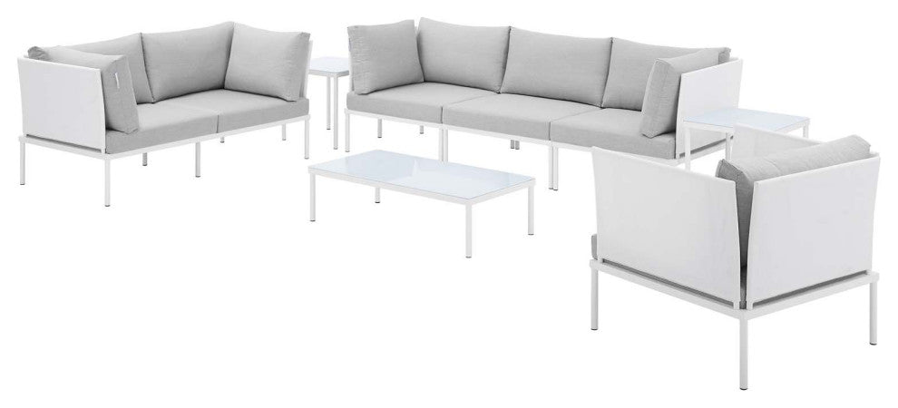 Sectional Sofa Chair Table Set, Sunbrella, Aluminum, White Gray, Outdoor