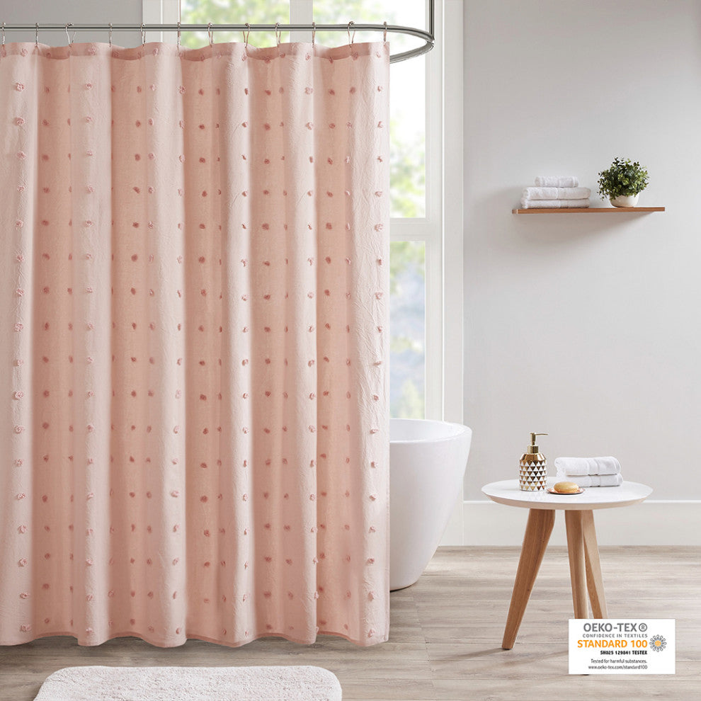 Urban Habitat Brooklyn Cotton Jacquard Pom-Pom Shower Curtain, Pink