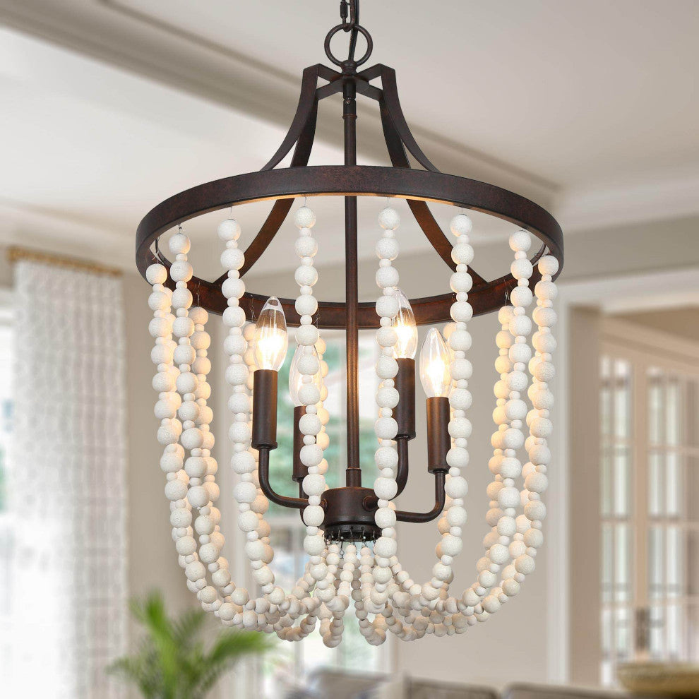 LNC 4-Lights Bohemian Rustic Bronze and Coastal Distressed Wood Beads Chandelier