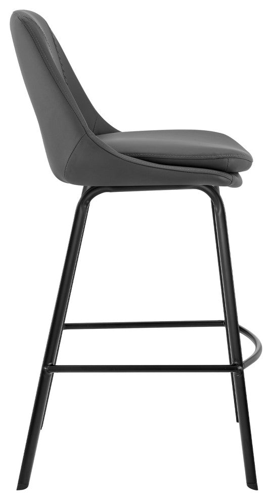 26" Elegant Gray Faux Leather and Black Metal Armless Swivel Counter Stool