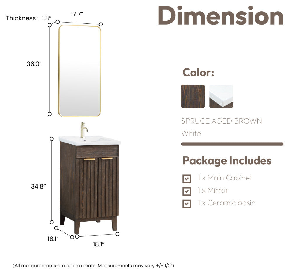 Palos Bathroom Vanity, Spruce Aged Brown, 18", Ceramic Top, With Mirror