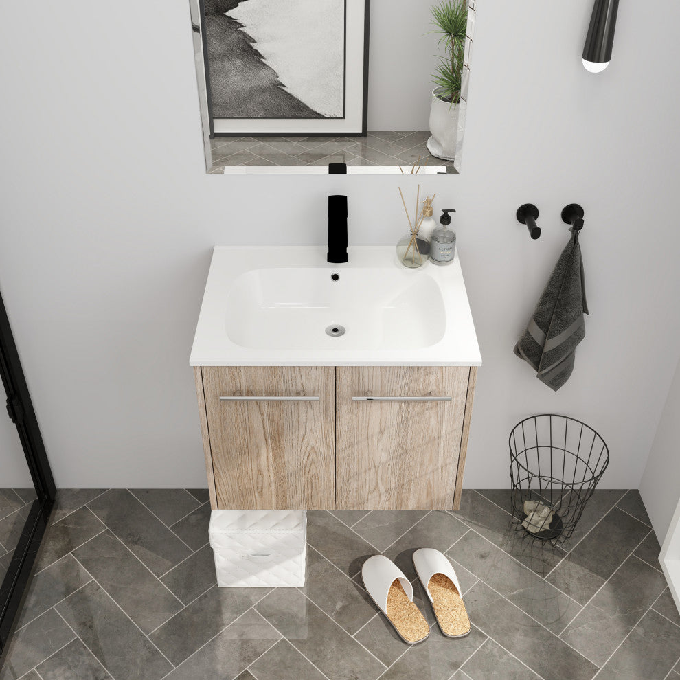 24" Plywood Wall Mounted Bath Vanity Set, Integrated Resin Sink