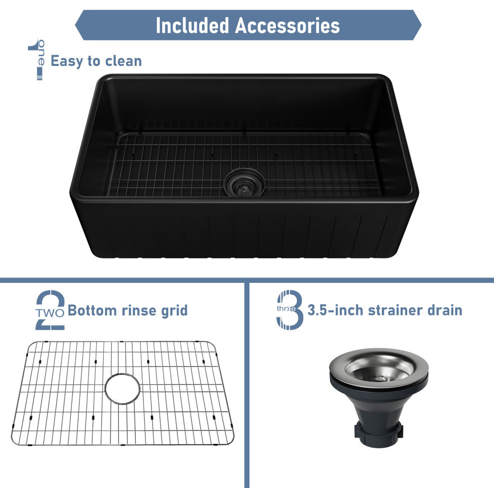 33in Single Bowl Fireclay Farmhouse Apron Kitchen Sink with Grid and Drainer, Matte Black