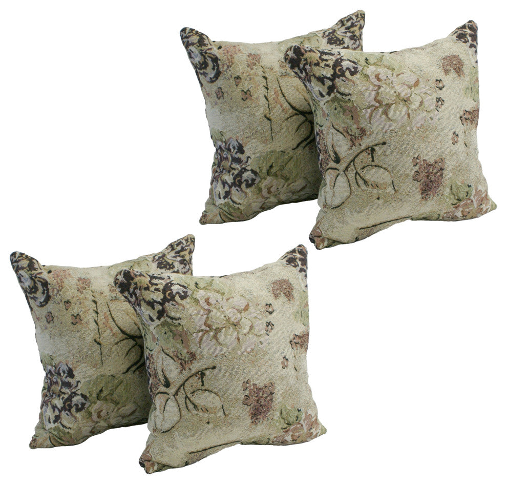 17" Jacquard Throw Pillows With Inserts, Set of 4, Beige Floral
