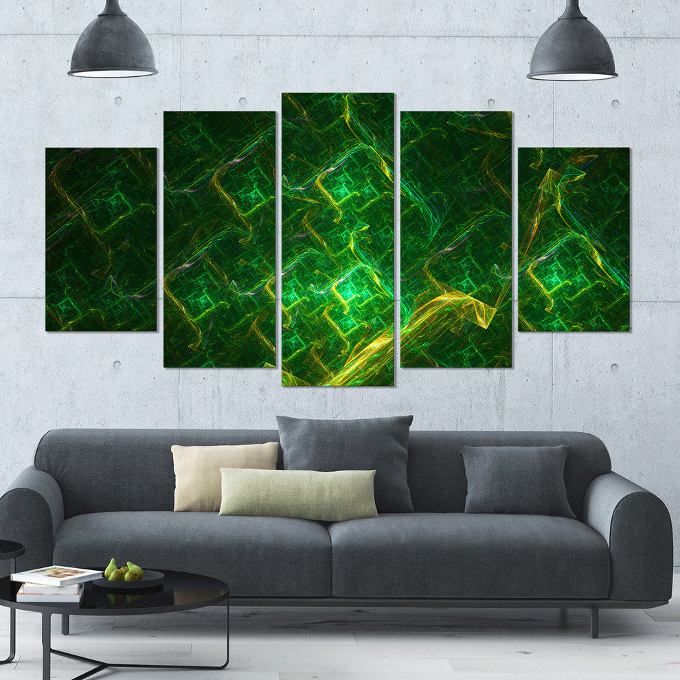 Green Fractal Electric Lightning, Contemporary Art on Canvas, 60"x32", 5 Panels