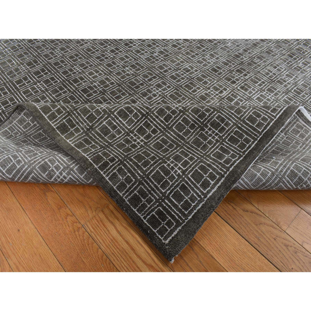 Chocolate Brown, Small Box Design, Wool and Silk, Hand Knotted, Rug, 8'1"x9'9"