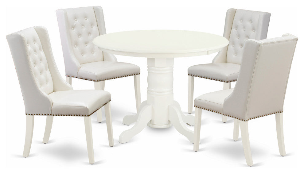 5Pc Dinette Set, 1 Pedestal Wooden Table, 4 Light Greys Chairs, Linen White