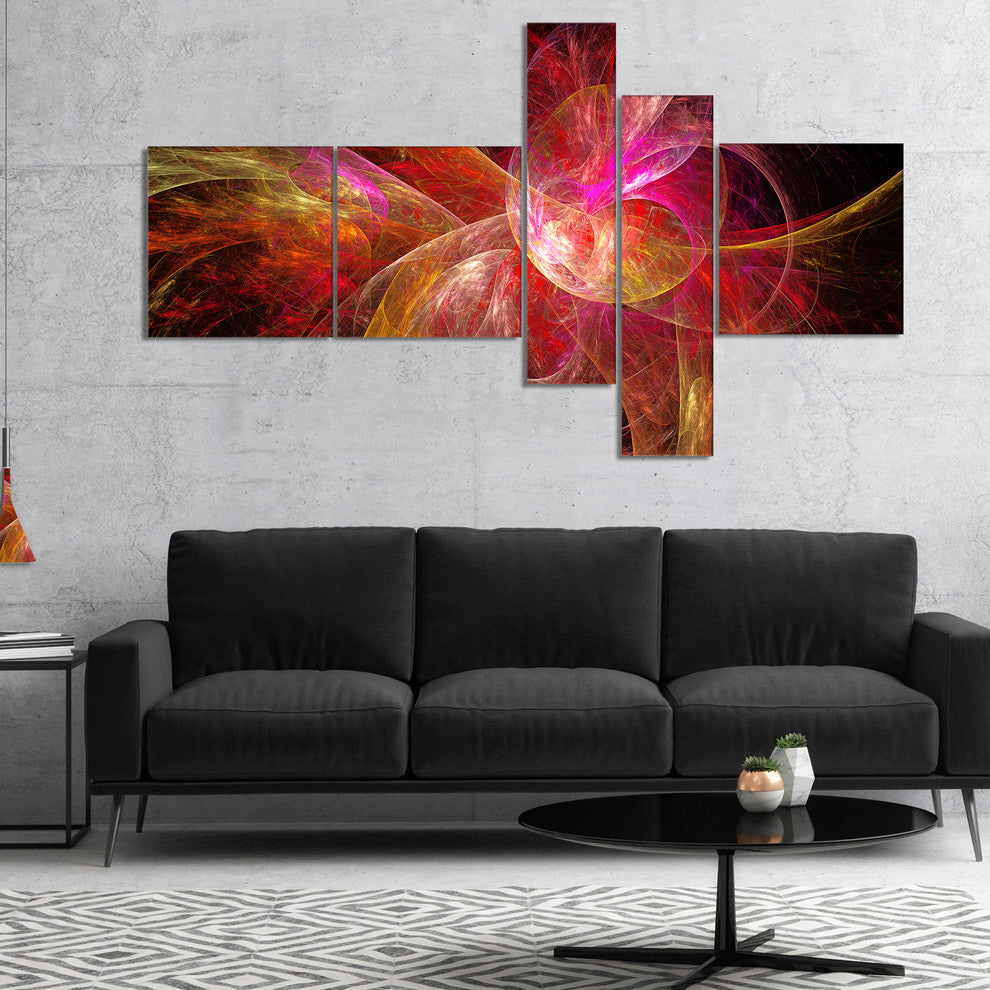 Pink on Black Fractal Illustration, Abstract Canvas Art Print, 60"x32", 5 panels