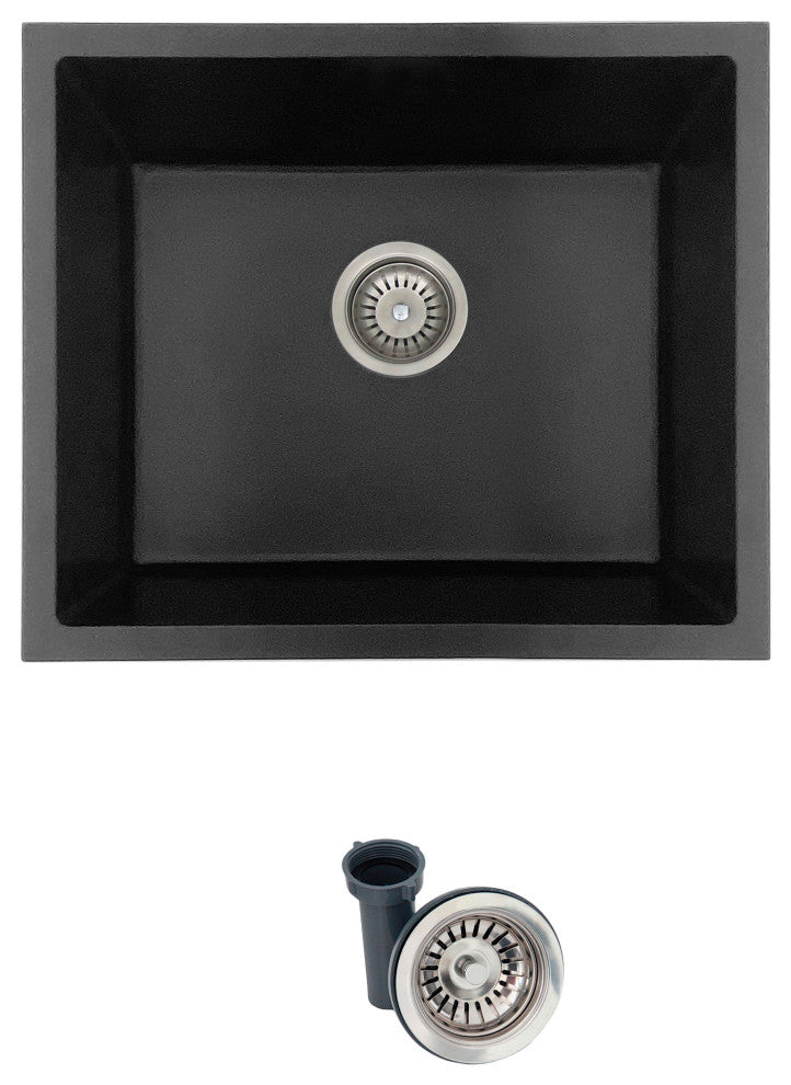 Dual Mount 22" Single-Bowl Black Granite Kitchen Sink with Strainer