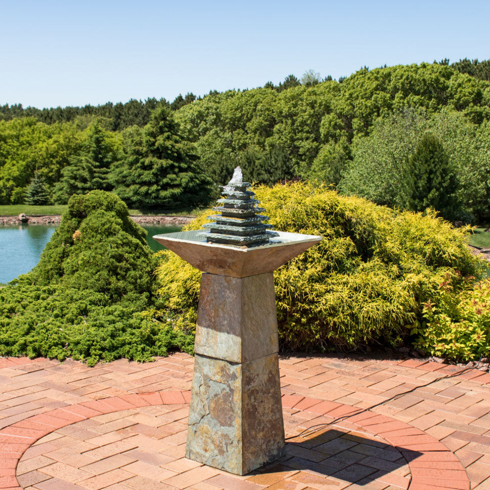 Sunnydaze Layered Slate Pyramid Outdoor Water Fountain With LED, 40"