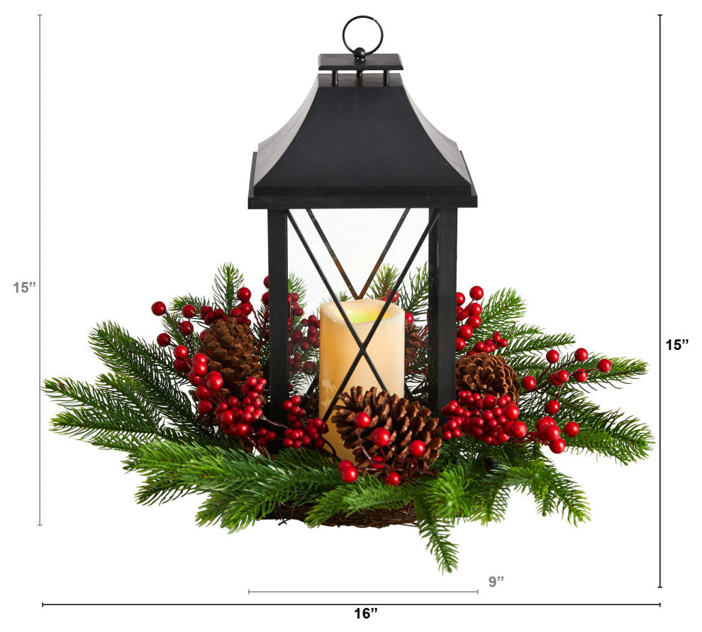 16" Holiday Xmas Berry, Pinecone & Greenery W/ Lantern & LED Candle Arrangement