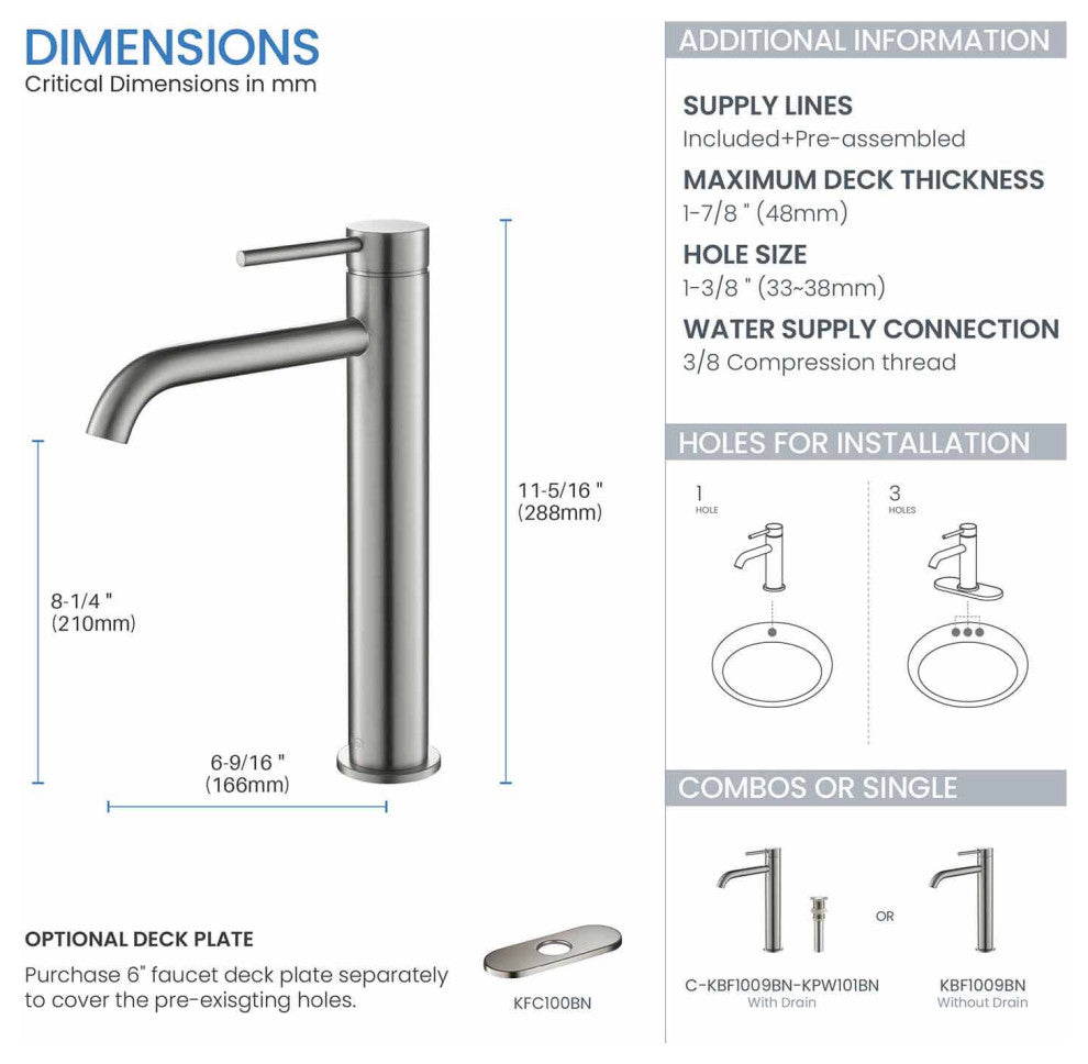 Circular Brass Single Handle Bathroom Faucet KBF1009, Brush Nickel, Without Drai