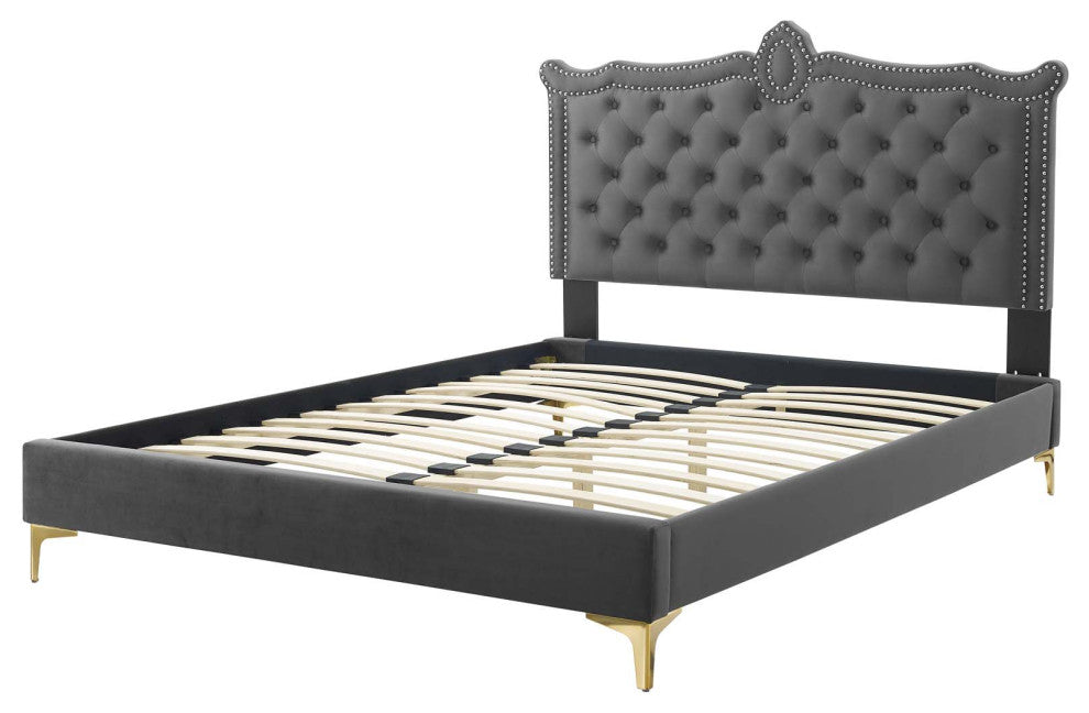 Platform Bed Frame, Nailhead, Queen Size, Charcoal Gray, Velvet, Modern