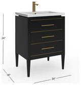 Celios Bathroom Vanity, Black with Brass Trim, 24", Single Sink, Freestanding