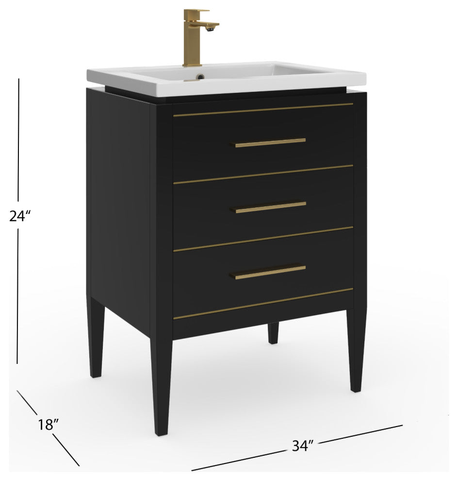 Celios Bathroom Vanity, Black with Brass Trim, 24", Single Sink, Freestanding