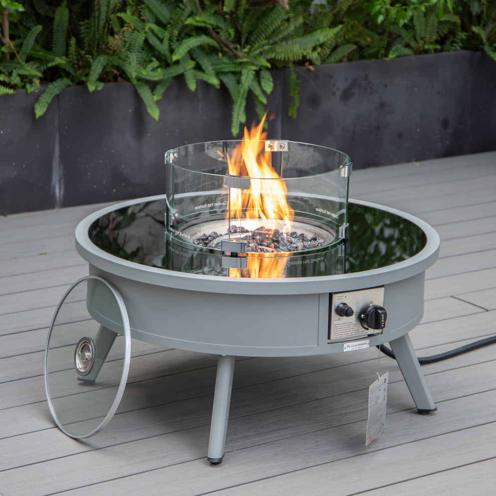 LeisureMod Walbrooke Grey Patio Sofa Set With Round Fire Pit Table, Navy Blue