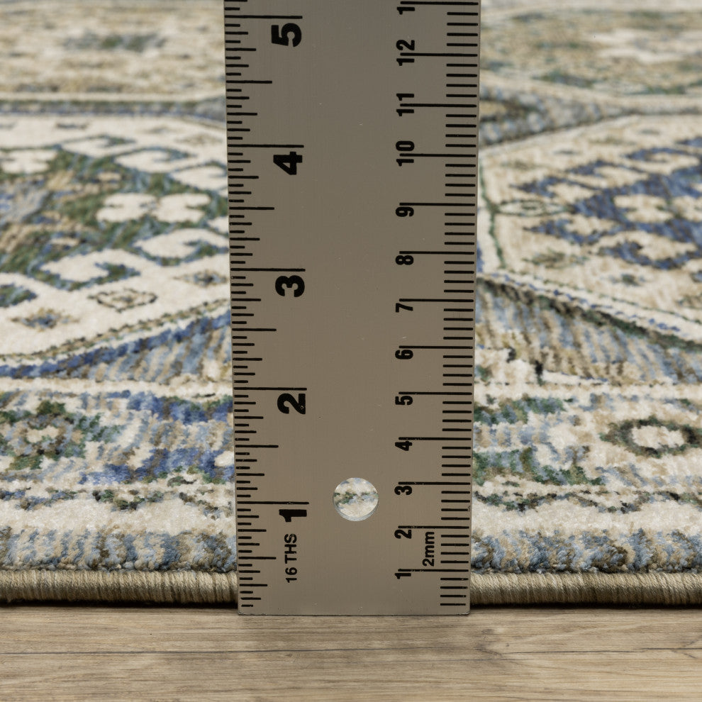 Hanford Panel Medallion Ivory/Blue Fringe Edge Area Rug 6'7" x 9'6"