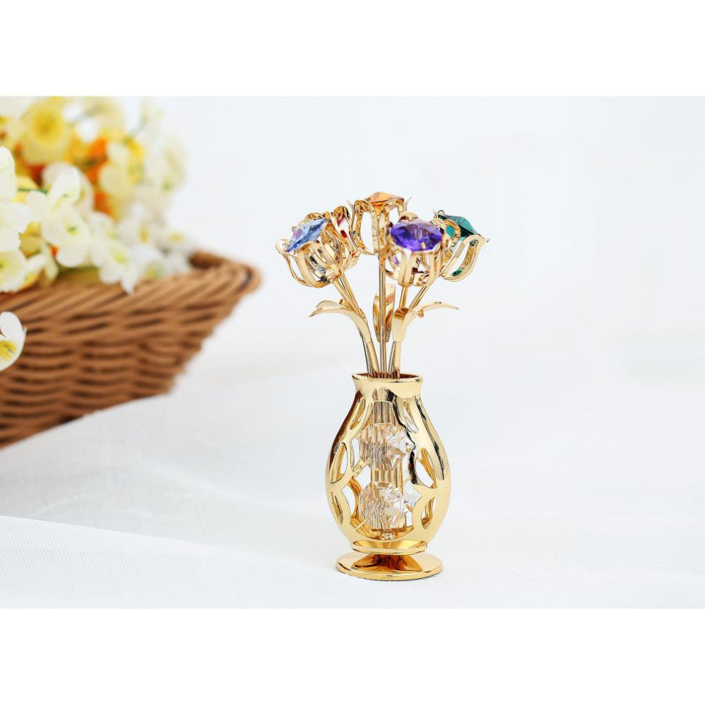 Matashi 24K Gold Plated Flowers Bouquet and Vase, Colorful Crystals Home Decor