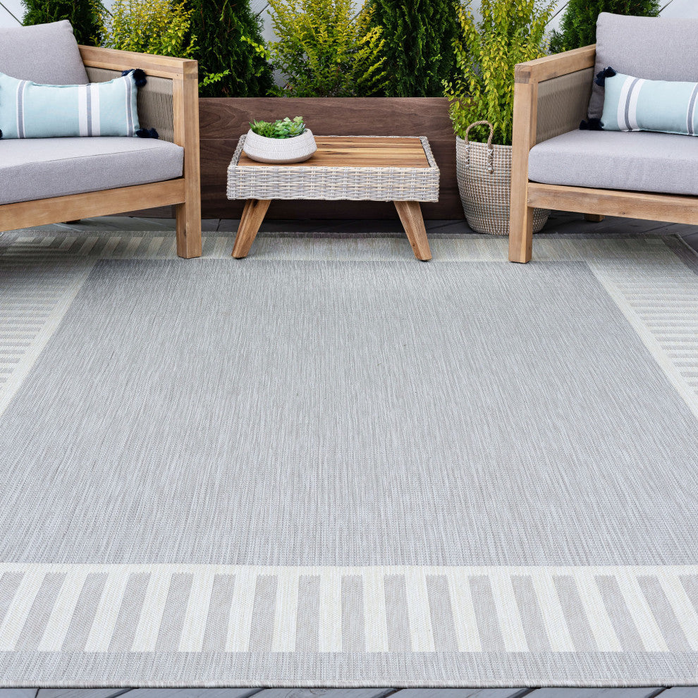 Elgin Transitional Striped Border Gray/Cream Indoor/Outdoor Area Rug, 8'x10'