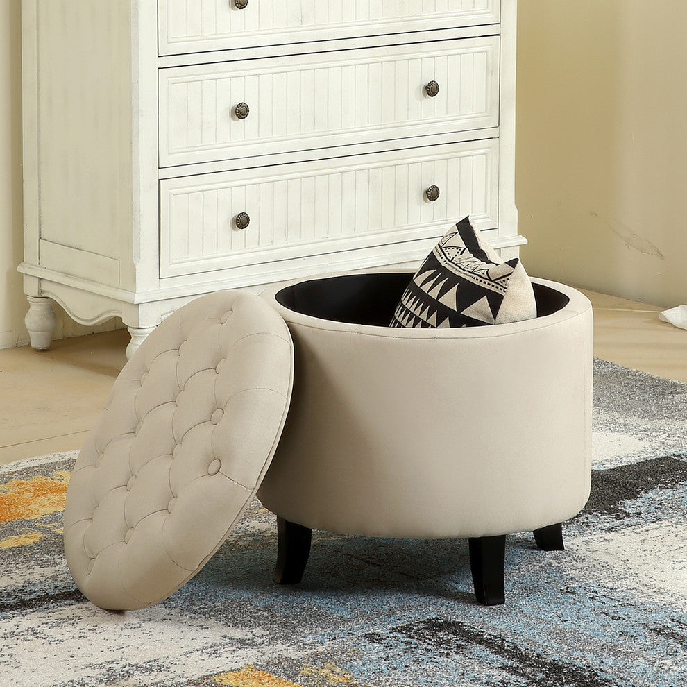 Storage Ottoman with Button Tufted Accents, Beige