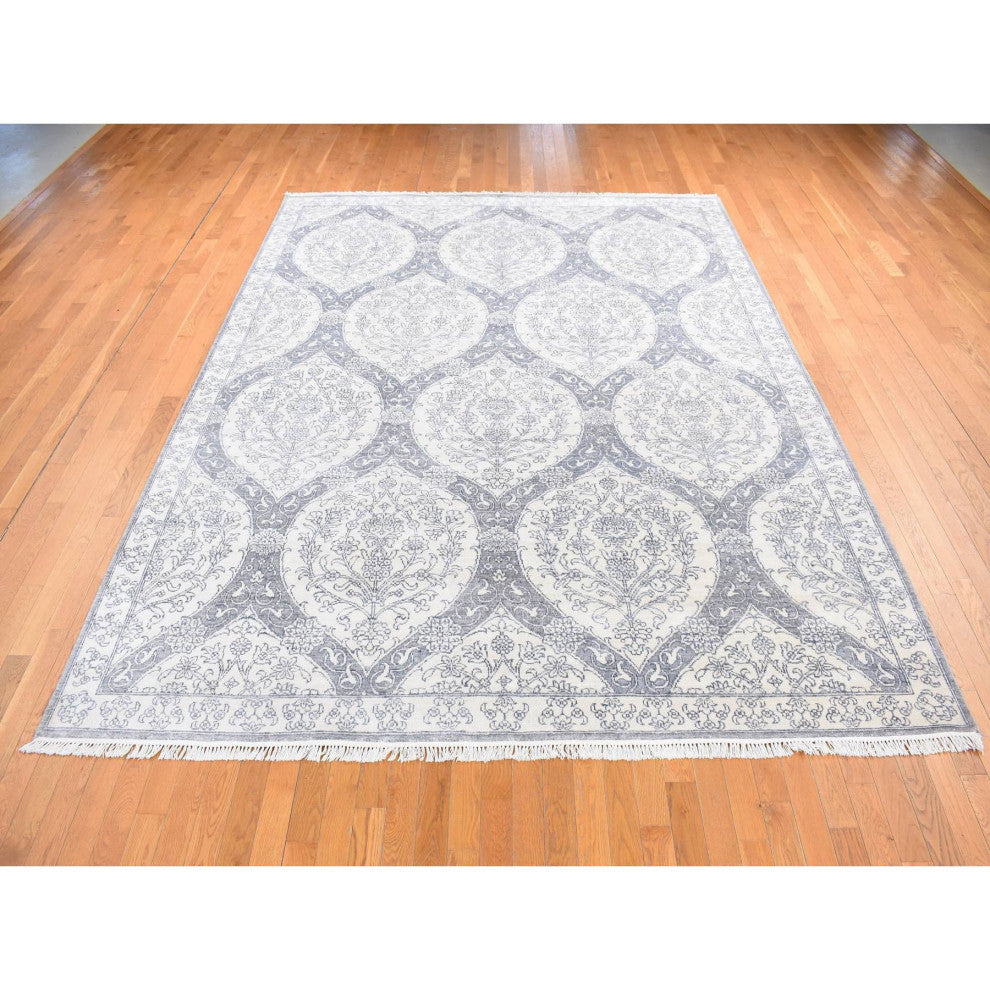 Ivory Hand Knotted Cotton Mughal Empire Agra Flower Bouquet Design Rug 9'x12'