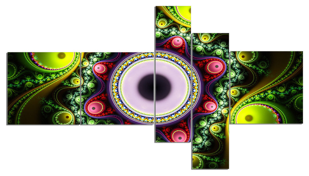 Green on Black Pattern with Circles, Abstract Canvas Print, 60"x32", 5 panels