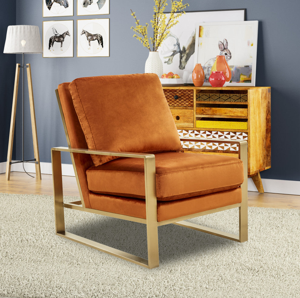 LeisureMod Jefferson Velvet Accent Armchair With Gold Frame, Orange Marmalade