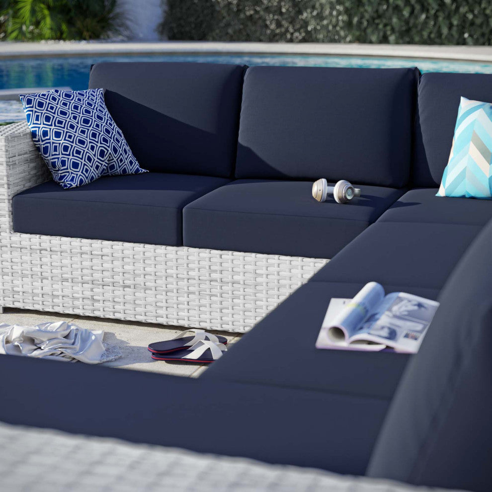 Lounge Sectional Sofa Chair Set, Rattan, Wicker, Gray Blue Navy, Outdoor