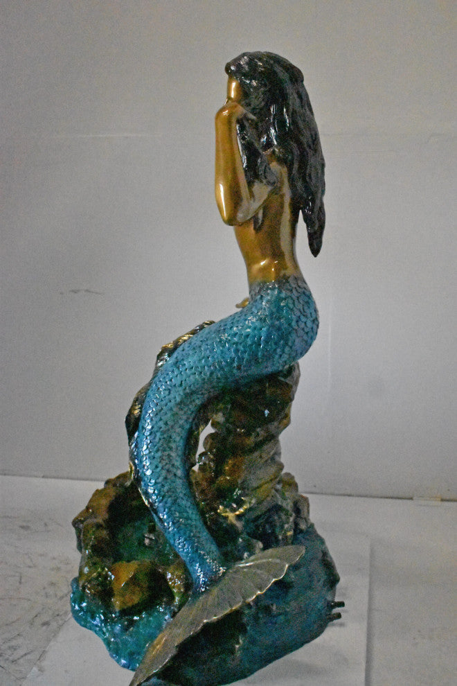 Beautiful Large Mermaid Bronze Statue Fountain - Size: 35"L x 32"W x 53"H.