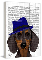 "Dachshund with Blue Trilby" Painting Print on White Wood, 40"x60"