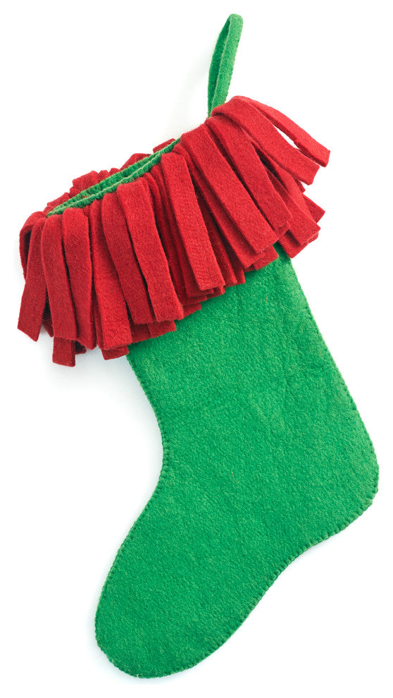 Hand Felted Wool Christmas Stocking in Green With Red Fringe