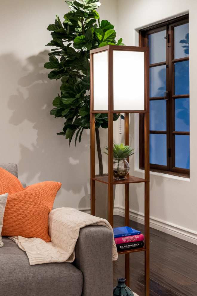 Brightech Maxwell - Modern LED Shelf Floor Lamp - Skinny End Table & Nightstand, Walnut Brown