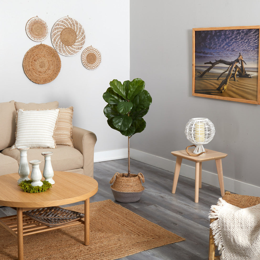 4' Fiddle Leaf Faux Tree, Boho Chic Handmade Cotton & Jute Gray Woven Planter