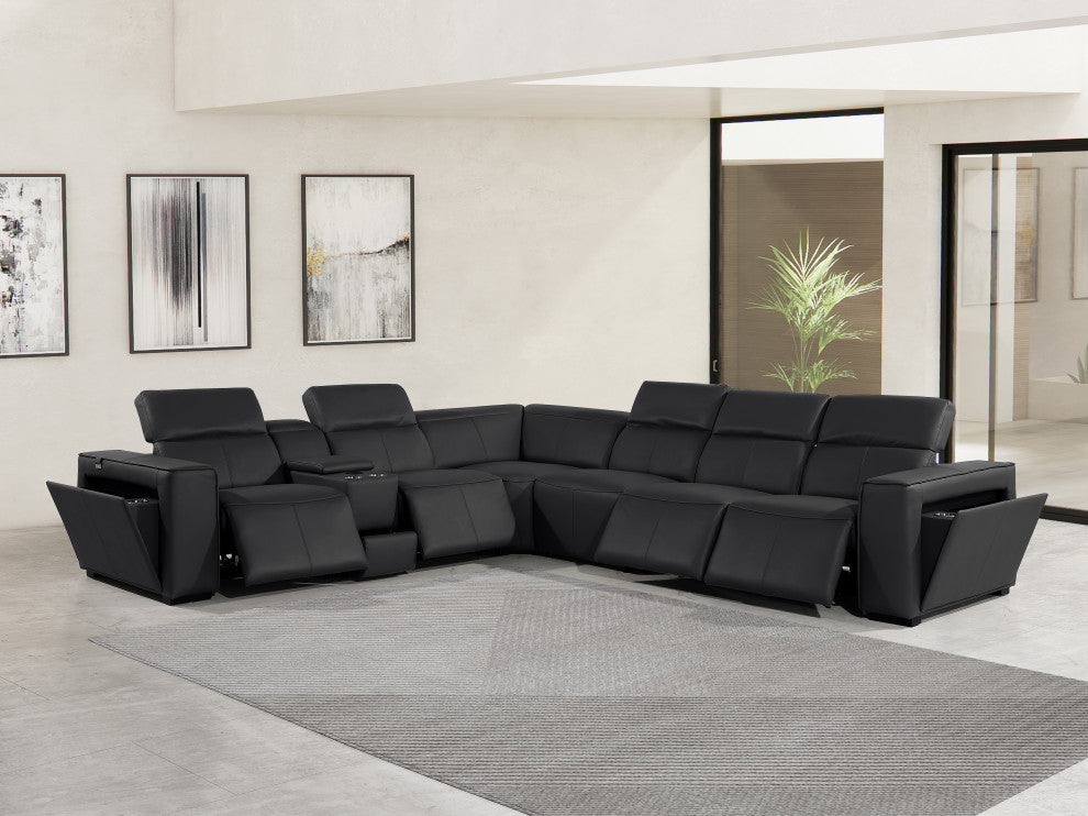 Niccolo Italian Leather 7-Piece L-Shaped Power Reclining Sectional, Black
