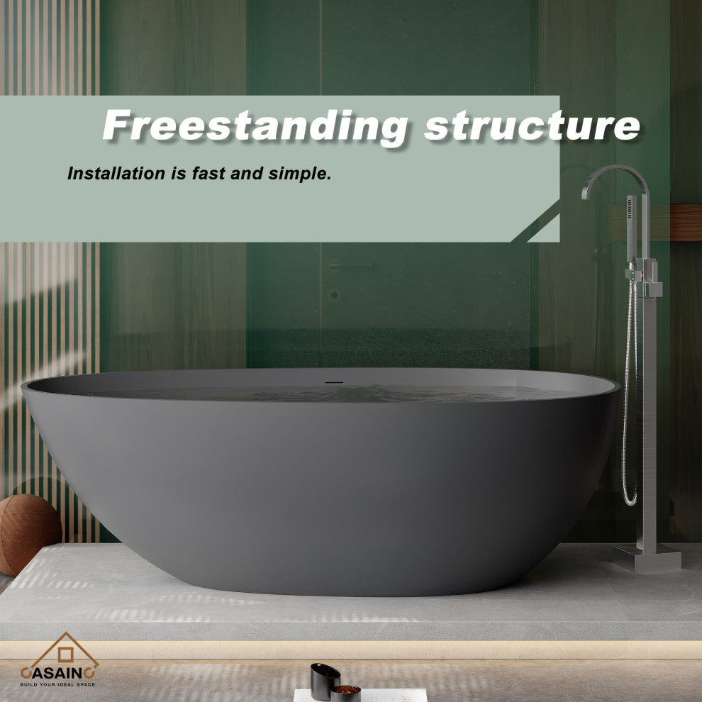 67in Solid Surface Freestanding Bathtub in Matte Black, Matte Grey