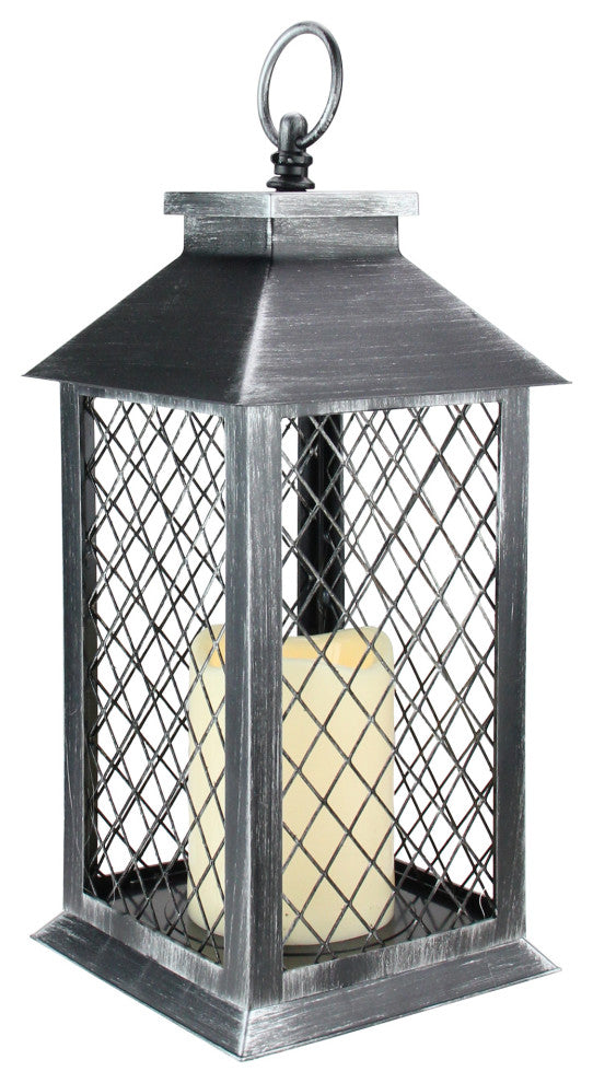 11" Silver Brushed Black Mesh Candle Lantern With Flameless LED Candle