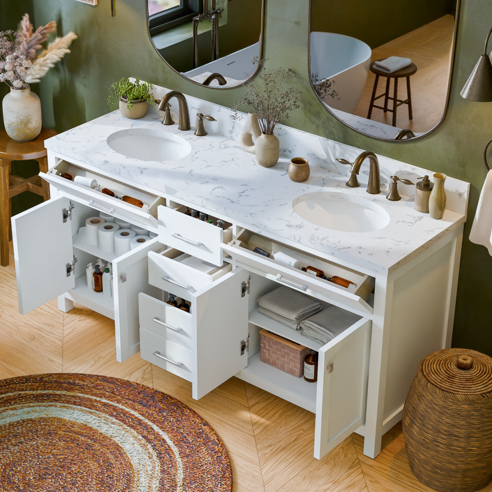 Caroline 72" Double Bath Vanity With Cultured Marble Quartz Top, White