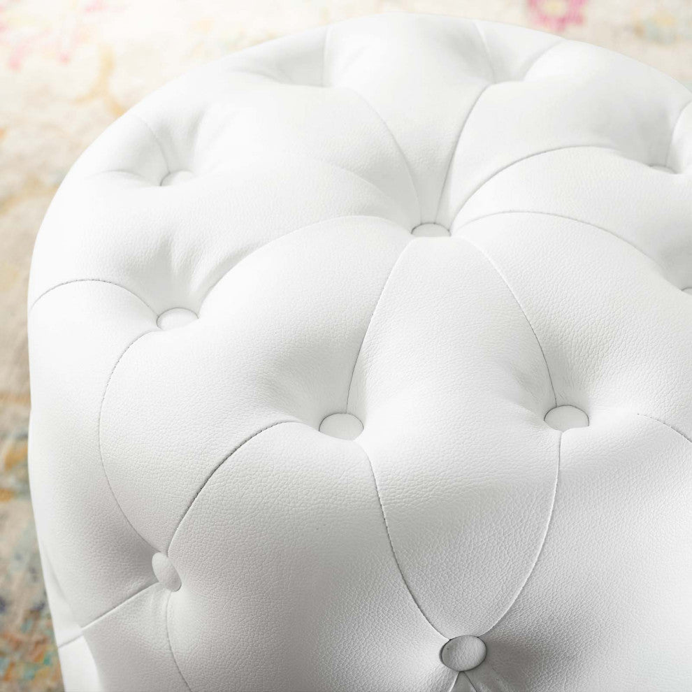Tufted Accent Chair Ottoman, Round, Faux Leather, White, Modern, Lounge