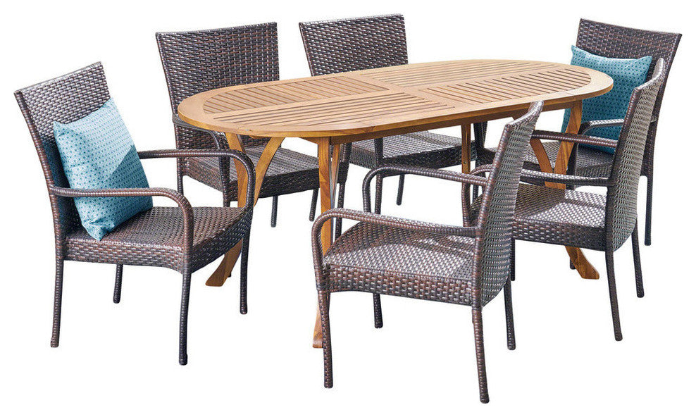 GDF Studio 7-Piece Fannie Outdoor Teak Acacia Wood and Wicker Dining Set