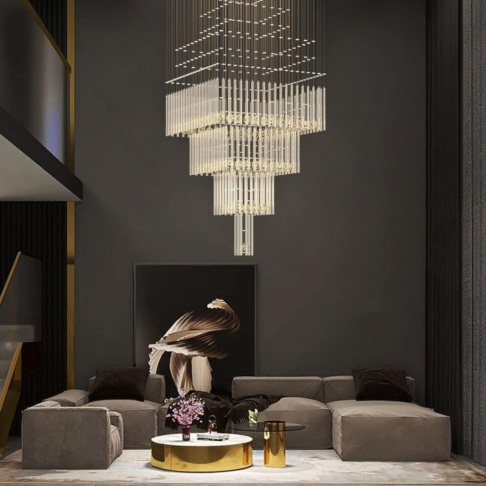 Tourrette-Levens | Modern Crystal LED Ceiling Chandelier with Square Base, 5 Lights, Warm Light