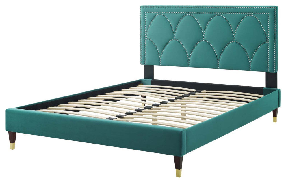 Platform Bed Frame, Nailhead, Queen Size, Teal Blue, Velvet, Modern