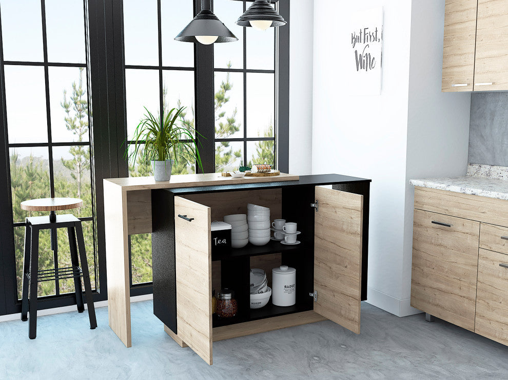 Aspen Kitchen Island with 2 Open Shelves and Drawer, Black/ Light Oak