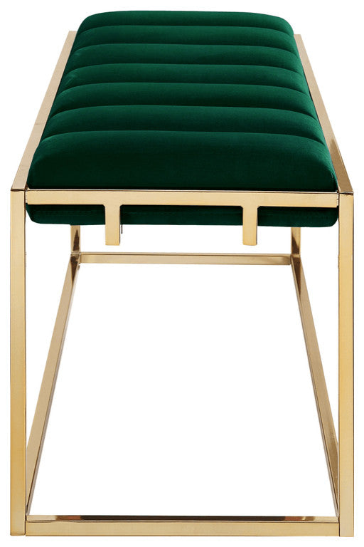 50" Green And Gold Upholstered Velvet Bench