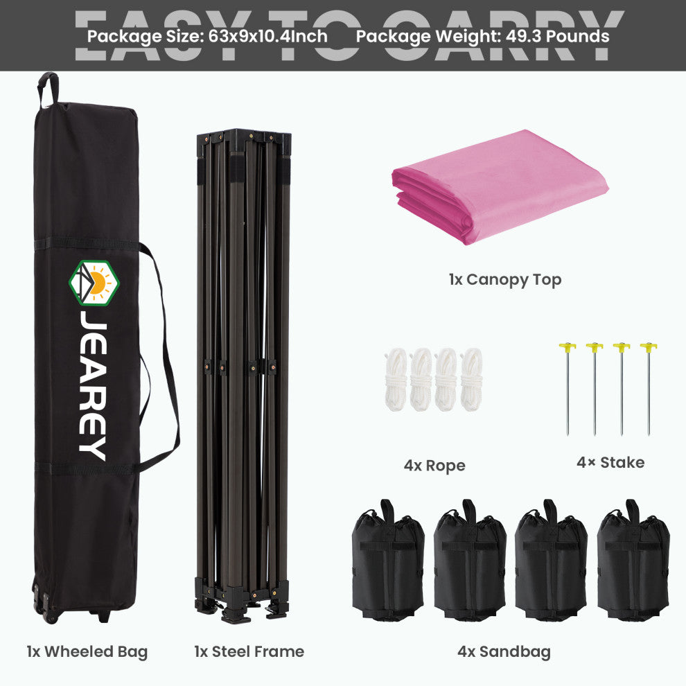 JEAREY Pop Up Canopy Tent, Outdoor Canopy, 4 Sand Bags, Pink, 10x10ft