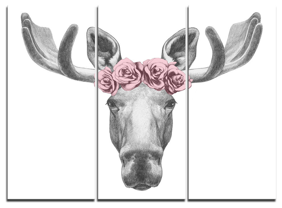 "Designart-Moose With Floral Head Wreath" Metal Wall Art, 3 Panels, 36"x28"