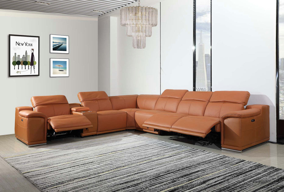 Federico 7-Piece L-Shaped Top Grain Italian Leather Sectional, Camel